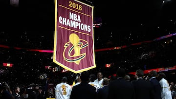 CLEVELAND, OH - OCTOBER 25: The Cleveland Cavaliers championship banner is raised before the game against the New York Knicks at Quicken Loans Arena on October 25, 2016 in Cleveland, Ohio.   Ezra Shaw/Getty Images/AFP
 == FOR NEWSPAPERS, INTERNET, TELCOS &amp; TELEVISION USE ONLY ==