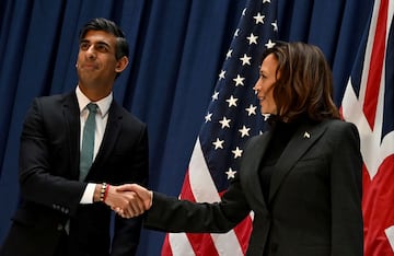 Britain's Prime Minister Rishi Sunak and U.S. Vice President Kamala Harris shake hands as they meet at the Munich Security Conference (MSC) in Munich, Germany, February 18, 2023. Ben Stansall/Pool via REUTERS