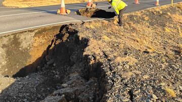 A view of cracks, emerged on a road due to volcanic activity, near Grindavik, Iceland November 13, 2023. Road Administration of Iceland via Facebook/ Handout via REUTERS THIS IMAGE HAS BEEN SUPPLIED BY A THIRD PARTY. NO RESALES. NO ARCHIVES. MANDATORY CREDIT