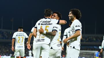 Ulises Rivas celebrates his goal 1-1 with Leonardo Suarez and Cesar Huerta of Pumas during the 16th round match between Pumas UNAM and America as part of the Torneo Clausura 2024 Liga BBVA MX at Olimpico Universitario Stadium on April 20, 2024 in Mexico City, Mexico.