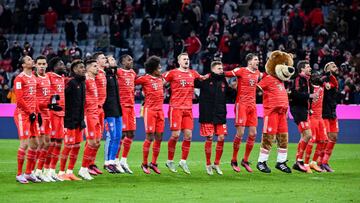 26 February 2023, Bavaria, Munich: Soccer: Bundesliga, Bayern Munich - 1. FC Union Berlin, Matchday 22, Allianz Arena. Munich's players cheer after the game. Photo: Sven Hoppe/dpa (Photo by Sven Hoppe/picture alliance via Getty Images)