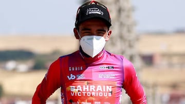 BURGOS, SPAIN - AUGUST 02: Santiago Buitrago Sanchez of Colombia and Team Bahrain Victorious celebrates winning the Purple Leader Jersey on the podium ceremony after the 44th Vuelta a Burgos 2022- Stage 1 a 157km stage from Catedral de Burgos to Mirador del Castillo, Burgos / #VueltaBurgos / on August 02, 2022 in Burgos, Spain. (Photo by Gonzalo Arroyo Moreno/Getty Images)