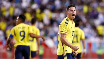 Colombia�s James Rodriguez celebrates his goal during the international friendly football match between Colombia and Guatemala at Red Bull Arena in Harrison, New Jersey, on September 24, 2022. (Photo by Andres Kudacki / AFP)