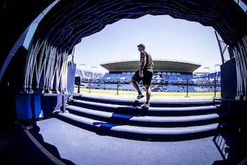 Pablo Guede saltando a césped de La Rosaleda.