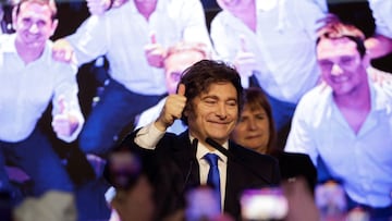 Argentina's President Javier Milei gestures after the La Libertad Avanza party won the midterm election, which is seen as crucial for Milei's administration after U.S. President Donald Trump warned that future support for Argentina would depend on Milei's party performing well in the vote, in Buenos Aires, Argentina, October 26, 2025. REUTERS/Cristina Sille