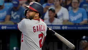 KANSAS CITY, MISSOURI - MAY 26: Luis Garcia #2 of the Washington Nationals hits a double in the sixth inning against the Kansas City Royals at Kauffman Stadium on May 26, 2023 in Kansas City, Missouri.   Ed Zurga/Getty Images/AFP (Photo by Ed Zurga / GETTY IMAGES NORTH AMERICA / Getty Images via AFP)