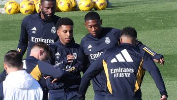 Rodrygo, durante un lance del entrenamiento del Real Madrid en Valdebebas esta mañana.