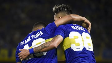 BUENOS AIRES, ARGENTINA - OCTOBER 20: Frank Fabra of Boca Juniors celebrates with teammate Luis Vázquez after scoring the first goal of his team during a match between Boca Juniors and Godoy Cruz as part of Torneo Liga Profesional 2021 at Estadio