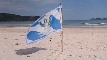 La bandera del Legan&eacute;s ondea en una playa de Brasil cuando fue destino vacacional del argentino Hern&aacute;n Montoro.