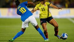 Soccer Football - Women's Copa America - Final - Colombia v Brazil - Estadio Alfonso Lopez, Bucaramanga, Colombia - July 30, 2022 Brazil's Duda in action with Colombia's Catalina Usme REUTERS/Mariana Greif