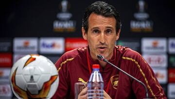 In this handout photo issued by UEFA, Arsenal coach Unai Emery speaks during a press conference at the Olympic stadium in Baku, Azerbaijan Tuesday May 28, 2019. English Premier League teams Arsenal and Chelsea are preparing for Europa League that takes pl