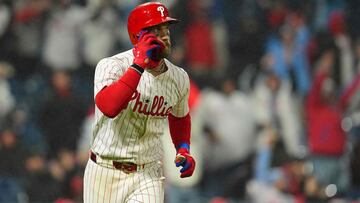 PHILADELPHIA, PENNSYLVANIA - APRIL 2: Bryce Harper #3 of the Philadelphia Phillies looks on after hitting a grand slam in the bottom of the seventh inning against the Cincinnati Reds at Citizens Bank Park on April 2, 2024 in Philadelphia, Pennsylvania.   Mitchell Leff/Getty Images/AFP (Photo by Mitchell Leff / GETTY IMAGES NORTH AMERICA / Getty Images via AFP)