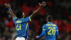 Brazil's striker #21 Endrick celebrates on the final whistle in the international friendly football match between England and Brazil at Wembley stadium in north London on March 23, 2024. Brazil won the game 1-0. (Photo by Ben Stansall / AFP) / NOT FOR MARKETING OR ADVERTISING USE / RESTRICTED TO EDITORIAL USE