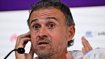 Spain's coach Luis Enrique attends a press conference at the Qatar National Convention Center (QNCC) in Doha on December 5, 2022, on the eve of the Qatar 2022 World Cup Round of 16 football match between Morocco and Spain. (Photo by JAVIER SORIANO / AFP)