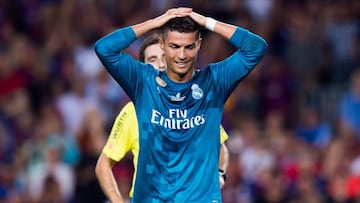 BARCELONA, SPAIN - AUGUST 13: Cristiano Ronaldo of Real Madrid CF reacts as he is shown a red card during the Supercopa de Espana Supercopa Final 1st Leg match between FC Barcelona and Real Madrid at Camp Nou on August 13, 2017 in Barcelona, Spain. (Photo