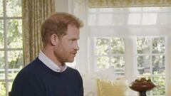This undated screengrab issued by ITV on Friday Jan. 6, 2023 shows Britain's Prince Harry, left, speaking during an interview with ITV's Tom Bradby for the programme Harry: The Interview. (Harry: The Interview on ITV1 and ITVX at 9pm on January 8/PA via AP)