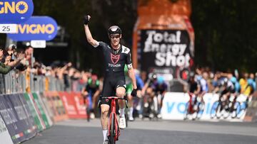 April 13, 2023  Enna, Italy - sport, cycling - Giro di Sicilia 2023 - From Enna’ to Termini Imerese  93miles. In the pic: winner of the stage Vincitore di tappa SUTER Joel TUDOR PRO CYCLING TEAM