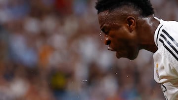 Soccer Football - LaLiga - Real Madrid v Real Betis - Santiago Bernabeu, Madrid, Spain - September 1, 2024 Real Madrid's Vinicius Junior reacts REUTERS/Susana Vera