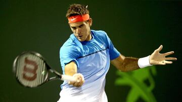 Juan Mart&iacute;n Del Potro returns a shot to Guido Pella.  