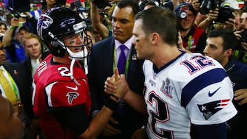 Feb 5, 2017; Houston, TX, USA; Atlanta Falcons quarterback Matt Ryan (2) shakes hands with New England Patriots quarterback Tom Brady (12) after Super Bowl LI at NRG Stadium. Mandatory Credit: Mark J. Rebilas-USA TODAY Sports