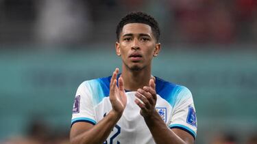 DOHA, QATAR - NOVEMBER 21: Jude Bellingham of England acknowledges the England fans after the FIFA World Cup Qatar 2022 Group B match between England and IR Iran at Khalifa International Stadium on November 21, 2022 in Doha, Qatar. (Photo by Visionhaus/Getty Images)