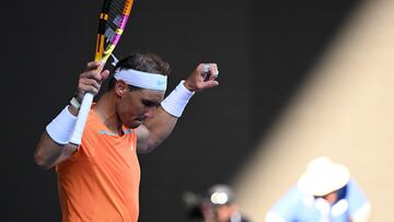 Spain's Rafael Nadal celebrates after winning against Britain's Jack Draper during their men's singles match on day one of the Australian Open tennis tournament in Melbourne on January 16, 2023. (Photo by WILLIAM WEST / AFP) / -- IMAGE RESTRICTED TO EDITORIAL USE - STRICTLY NO COMMERCIAL USE --