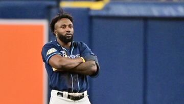 ST PETERSBURG, FLORIDA - APRIL 22: Randy Arozarena #56 of the Tampa Bay Rays poses after hitting an RBI walk-off single to defeat the Chicago White Sox 4-3 at Tropicana Field on April 22, 2023 in St Petersburg, Florida.   Julio Aguilar/Getty Images/AFP (Photo by Julio Aguilar / GETTY IMAGES NORTH AMERICA / Getty Images via AFP)