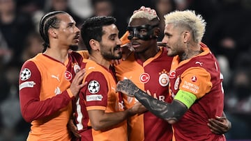 TURIN, ITALY - FEBRUARY 25: Victor Osimhen of Galatasaray celebrates his goal during the UEFA Champions League 2025/26 League Knockout Play-off Second Leg match between Juventus and Galatasaray A.S. at Juventus Stadium on February 25, 2026 in Turin, Italy. (Photo by Image Photo Agency/Getty Images)