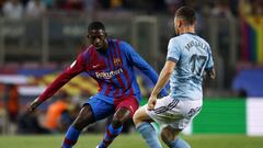 Ousmane Dembel&eacute; intenta regatear a Javi Gal&aacute;n durante el partido entre el Barcelona y el Celta en el Camp Nou.