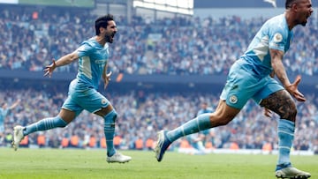 MANCHESTER, ENGLAND - MAY 22: Ilkay Guendogan of Manchester City celebrates after scoring their team's third goal during the Premier League match between Manchester City and Aston Villa at Etihad Stadium on May 22, 2022 in Manchester, England. (Photo by Lynne Cameron - Manchester City/Manchester City FC via Getty Images)