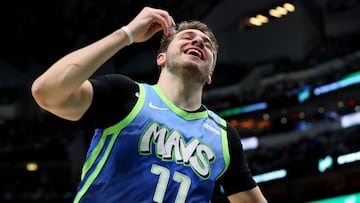 DALLAS, TEXAS - JANUARY 17: Luka Doncic #77 of the Dallas Mavericks reacts against the Portland Trail Blazers in the third quarter at American Airlines Center on January 17, 2020 in Dallas, Texas. NOTE TO USER: User expressly acknowledges and agrees that, by downloading and or using this photograph, User is consenting to the terms and conditions of the Getty Images License Agreement. Tom Pennington/Getty Images/AFP
== FOR NEWSPAPERS, INTERNET, TELCOS & TELEVISION USE ONLY ==