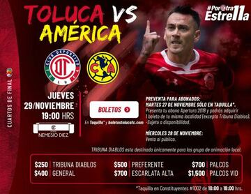 Boletos y precios para el Toluca vs América: Cuartos de final Liga MX