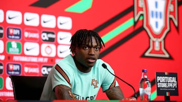 Portugal's forward Rafael Leao attends a press conference at Cidade do Futebol training camp in Oeiras, Portugal, on May 27, 2022. Portugal's football team prepares the upcoming UEFA Nations League matches against Spain, Switzerland and Czech Republic in June. (Photo by Pedro Fiúza/NurPhoto via Getty Images)