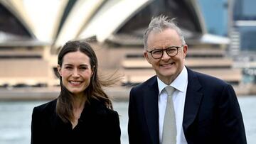 Australian Prime Minister Anthony Albanese (R) welcomes Finlands Prime Minister Sanna Marin at Kirribilli House in Sydney on December 2, 2022. (Photo by Saeed KHAN / AFP) (Photo by SAEED KHAN/AFP via Getty Images)