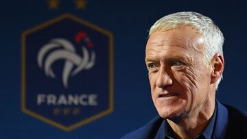 (FILES) In this file photo taken on November 9, 2022 France's head coach Didier Deschamps holds a press conference in Paris, after he announced the list of players selected for the Qatar 2022 FIFA World Cup football tournament. - Didier Deschamps extends stay as France coach until 2026, he announced at the French Football Federation's general assembly in Paris on January 7, 2023. (Photo by FRANCK FIFE / AFP)