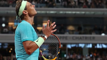 Spain's Rafael Nadal reacts during his men's singles match against 's Alexander Zverev on Court Philippe-Chatrier on day two of the French Open tennis tournament at the Roland Garros Complex in Paris on May 27, 2024. (Photo by ALAIN JOCARD / AFP)
