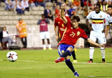 Silva puts Spain 2-0 up from the penalty spot.