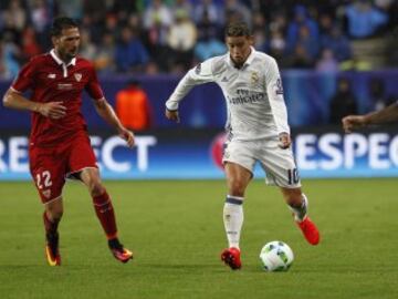 2016 European Super Cup: Real Madrid beat Sevilla 3-2 in Trondheim, Norway, courtesy of goals from Asensio, Ramos, and Carvajal. James entered the fray in the 73rd minute.