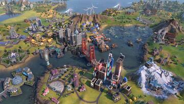 Imagen promocional de Civilization VI: Gathering Storm donde podemos apreciar novedades como la maravilla Golden Gate, estaci&oacute;n de esqui, edificios futuristas de generaci&oacute;n de energ&iacute;a, etc.