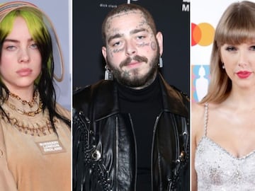 Collage de Billie Eilish, Post Malone y Taylor Swift.