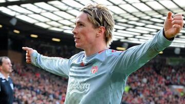 Liverpool&#039;s Fernando Torres celebrates scoring his sides first goal during the English Premier League soccer match against Manchester United at Old Trafford, Manchester, England, Saturday March 14, 2009. (AP Photo/PA, Peter Byrne) ** UNITED KINGDOM O