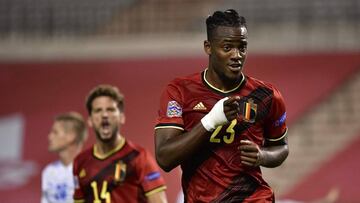 Belgium&#039;s forward Michy Batshuayi celebrates after scoring a goal during the UEFA Nations League football match between Netherlands and Iceland at at the King Baudouin stadium in Brussels on September 8, 2020. (Photo by JOHN THYS / AFP)