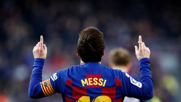 BARCELONA, SPAIN - FEBRUARY 22: Lionel Messi of FC Barcelona celebrates 1-0 during the La Liga Santander match between FC Barcelona v Eibar at the Camp Nou on February 22, 2020 in Barcelona Spain (Photo by David S. Bustamante/Soccrates/Getty Images)