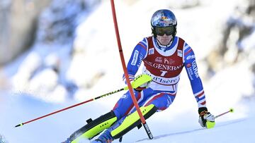 Clement Noel of Team France in action during the Audi FIS Alpine Ski World Cup Men's Slalom on December 12, 2021 in Val d'Isere France.
