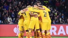 Barcelona&#039;s defender Jordi Alba celebrates after scoring the 0-1 goal with teammates during the UEFA Europa League, Play-off, 2nd leg football match between SSC Napoli and FC Barcelona on February 24, 2022 at the Diego Armando Maradona stadium in Nap