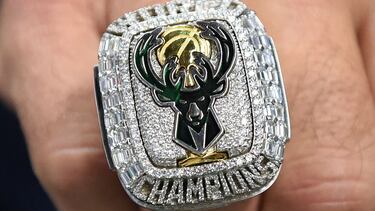 Oct 19, 2021; Milwaukee, Wisconsin, USA; A detail view of a Milwaukee Bucks NBA championship ring at Fiserv Forum. Mandatory Credit: Michael McLoone-USA TODAY Sports