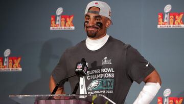 NEW ORLEANS, LOUISIANA - FEBRUARY 09: Jalen Hurts #1 of the Philadelphia Eagles speaks to the media during a press conference after beating the Kansas City Chiefs 40-22 to win Super Bowl LIX at Caesars Superdome on February 09, 2025 in New Orleans, Louisiana. Marianna Massey/Getty Images/AFP (Photo by Marianna Massey / GETTY IMAGES NORTH AMERICA / Getty Images via AFP)