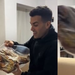 Un argentino en España recibe su primera cesta de Navidad y su reacción al ver el jamón es épica