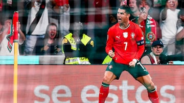 LISBON, PORTUGAL - OCTOBER 14: Cristiano Ronaldo of Portugal celebrates after scoring his team's first goal during the FIFA World Cup 2026 qualifier match between Portugal and Hungary at Estadio Jose Alvalade on October 14, 2025 in Lisbon, Portugal. (Photo by Diogo Cardoso - UEFA/UEFA via Getty Images)