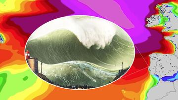 Un círculo con un dibujo de un surfista practicando surf en Nazaré (Portugal), en la ola más grande del mundo, con un mapa de previsión de marejadas en el Atlántico Norte en colores lilas y rojos, que indican olas XXL en España, Portugal, Irlanda y Reino Unido.